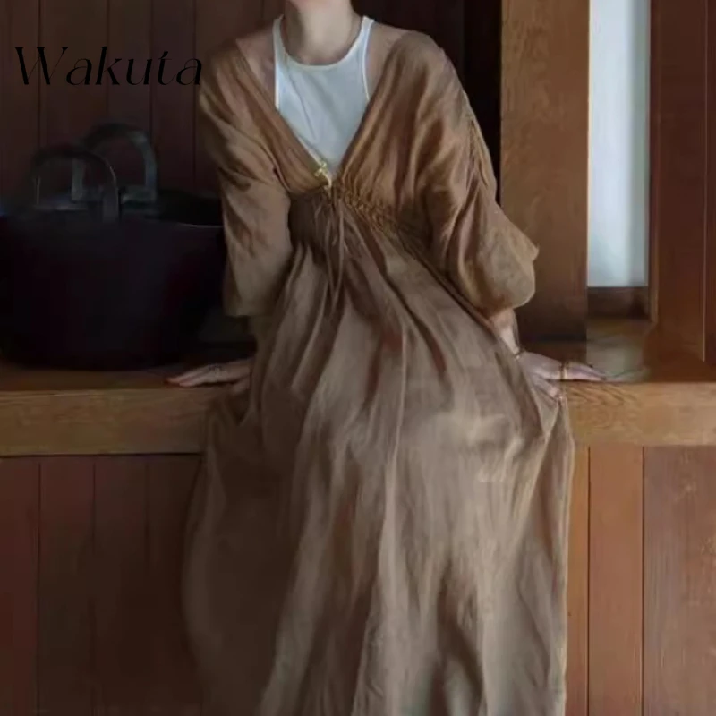 

WAKUTA Japanese Temperament V-neck Five Quarter Sleeve Irregular Dresses Design Sense Ramie Lazy Vacation Retro Y2K Fairy Robe