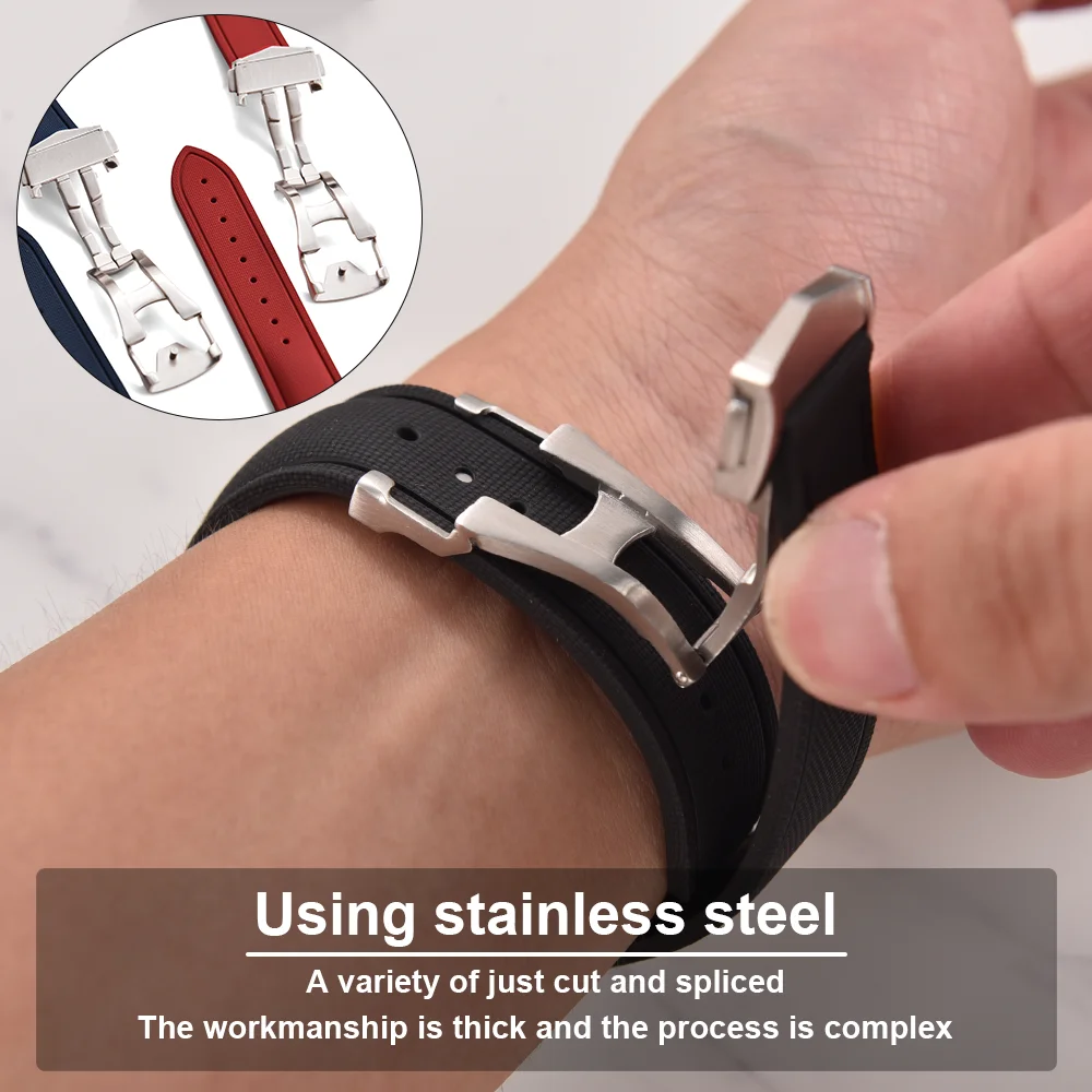 Fit For Cartier Tank Santos Omega Swatch Universal 20mm 21mm 22mm Quick Release FKM Rubber Watch Strap With Omega Folding Buckle