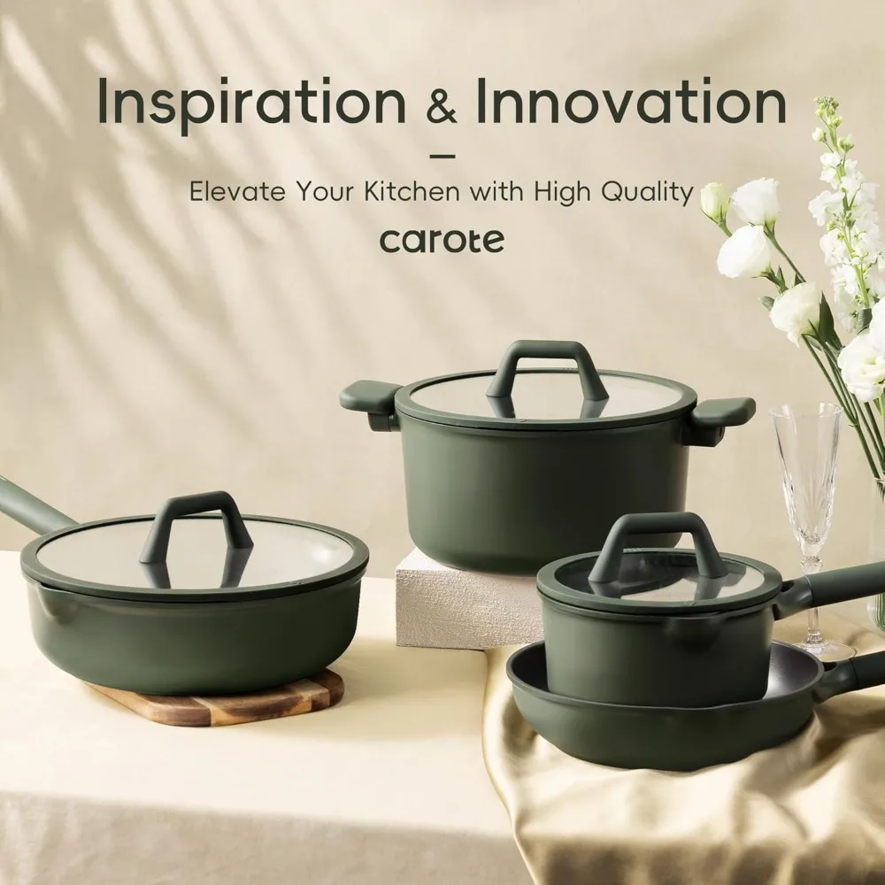 Set di pentole antiaderenti da 19 pezzi, set di pentole e padelle antiaderenti, set di pentole da cucina, pentole a induzione premium, pentole verdi, frittate