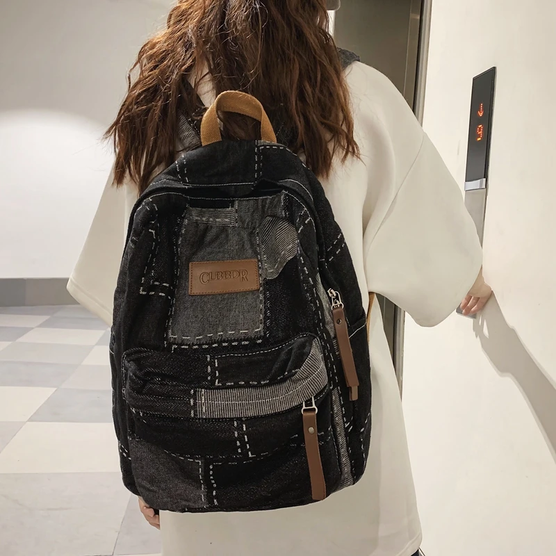 

New Jeans Backpacks For Women Canvas Shoulders Bag Patchwork Knapsack Y2K Packbag Travel Rucksack Student Mochila Denim Bookbag