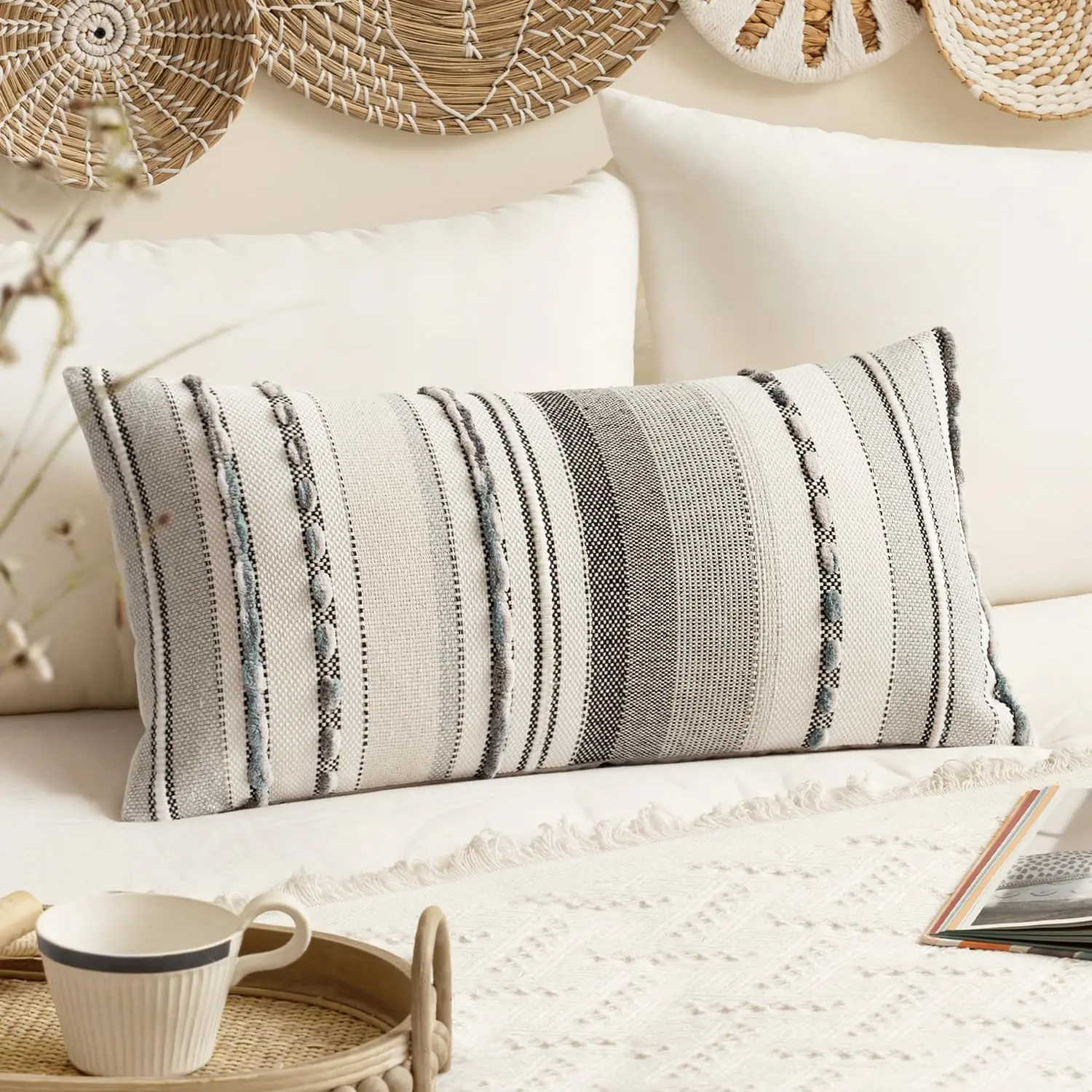 

Set Of 1 Boho Decorative Throw Pillow Covers 12X24 H Tufted Chenille Farmhouse Cushion Covers Textured Striped Pillow Covers