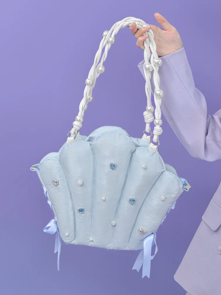 Sweet Lolita Original Design Large Capacity Beach Shell Bag Women Y2k Commute One Shoulder Crossbody Bag With Pearl Strap