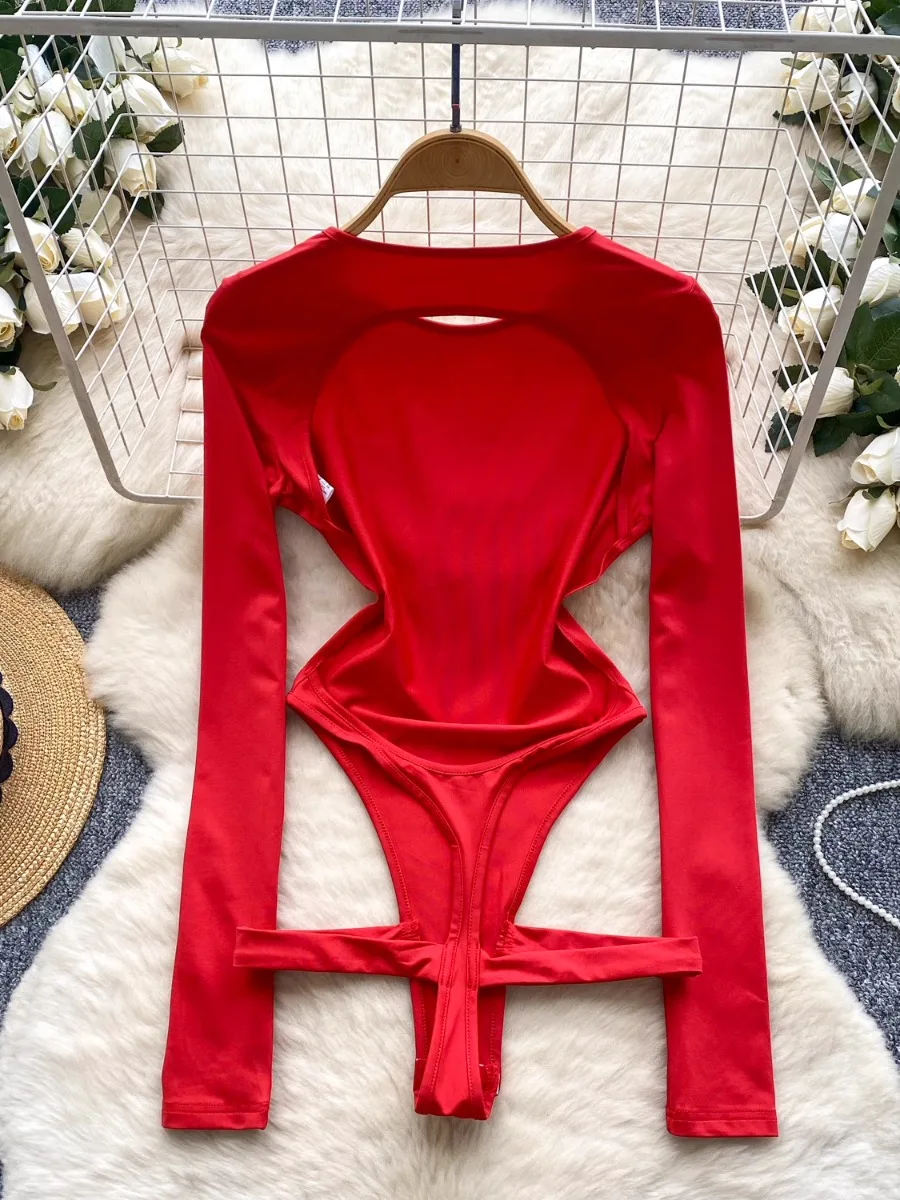 بدلة قفز نسائية مثيرة مفرغة بدون ظهر وأكمام طويلة من Foamlina بقصة ضيقة باللون الأحمر للفتيات في الشارع بدلة رومبير