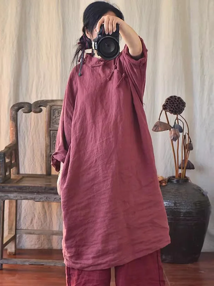 

Spring Autumn 2026 Zen Style Sand Washed Linen Oversized Handmade Sewn Button Long Robe Dress Vintage Loose Fit Overhead
