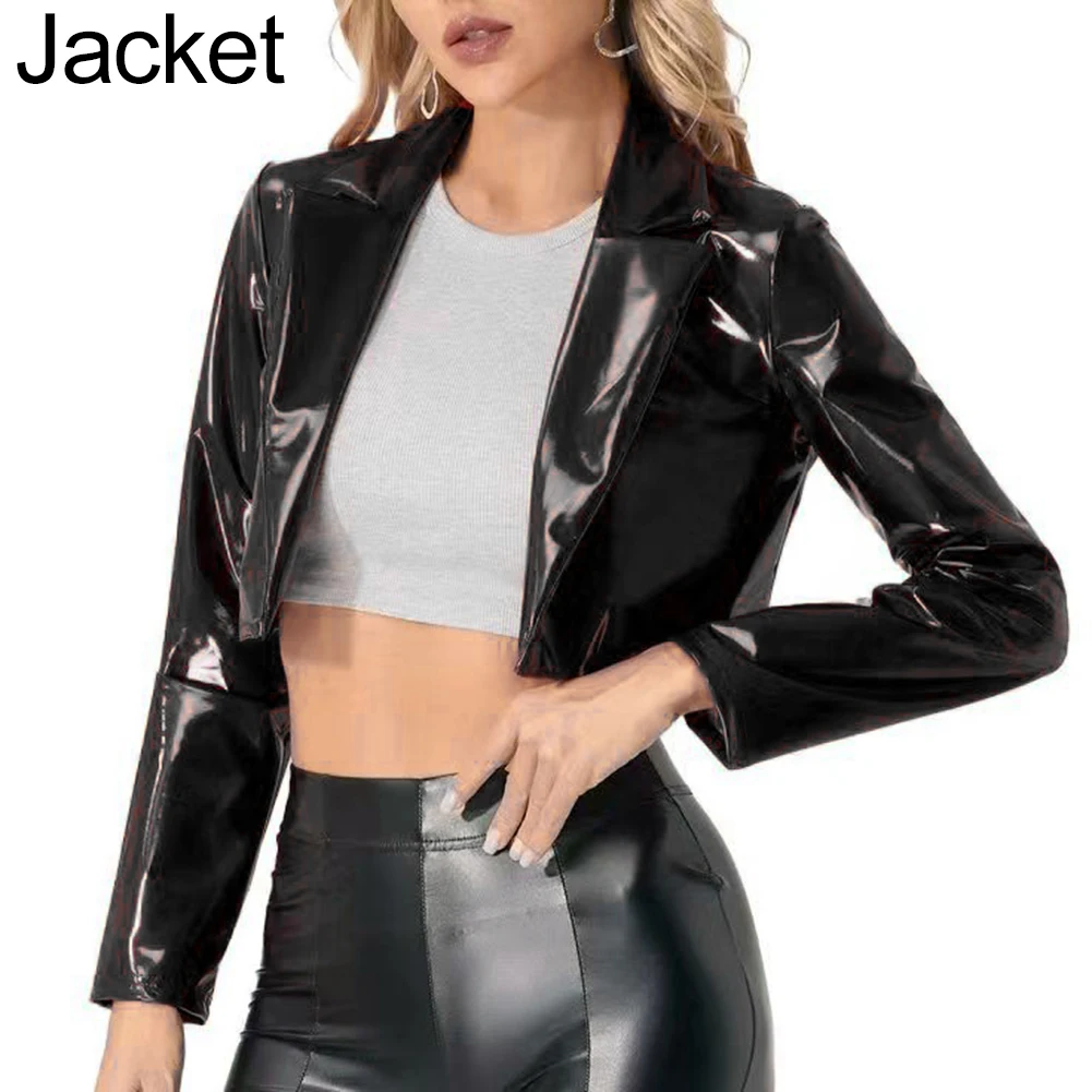 

Повседневная одежда для вечеринок: стильная укороченная куртка из искусственной кожи с пайетками, блестящая, глянцевая, для клуба.