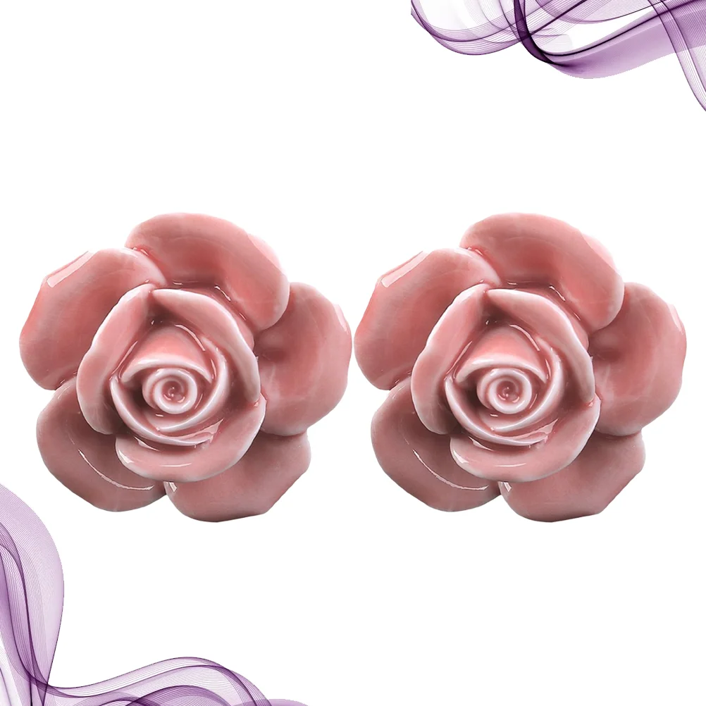 2 Pcs Cabinet Door Knobs Handles Ceramic Black Dressers Rose Drawer Flower Pink Cupboard