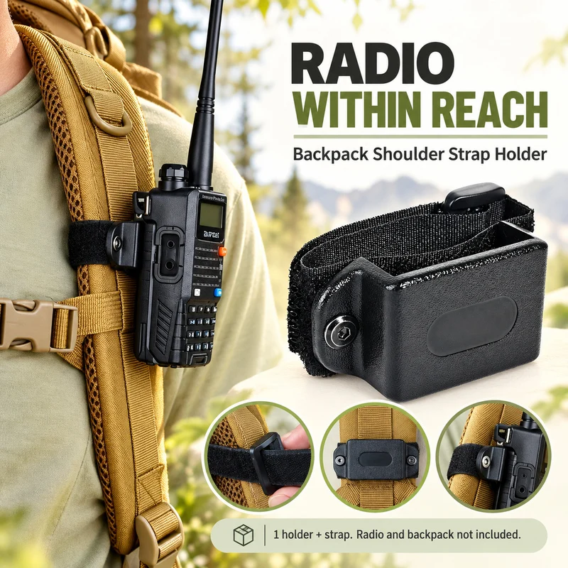 Walkie Talkie Radio Holder with Adjustable 20cm Strap, Backpack Shoulder Mount for Belt Clip Devices, Black 1PC