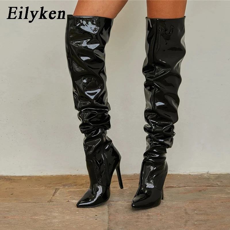 Eilyken 2024 New Thigh High Boots Fashion Patent Leather Pointed Toe Zip Female Stiletto Heels Pleated Design Women\'s Shoes