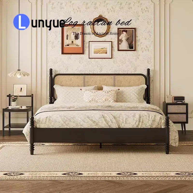 Modern King Size Wooden Bed Frame with Rattan Backrest Durable Solid Wood Platform Bed for Hotel Boarding House Bedroom