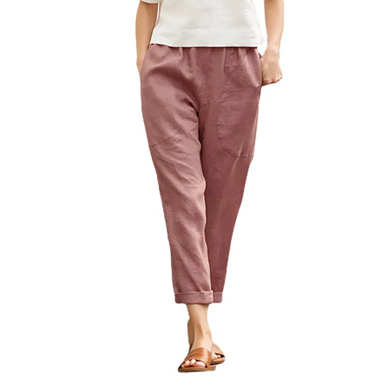 Damenhose aus Baumwolle und Leinen, einfarbig, atmungsaktiv, leicht, elastische Taille, modisch, schlichter Stil, lässige Hose mit geradem Bein – Detail 10