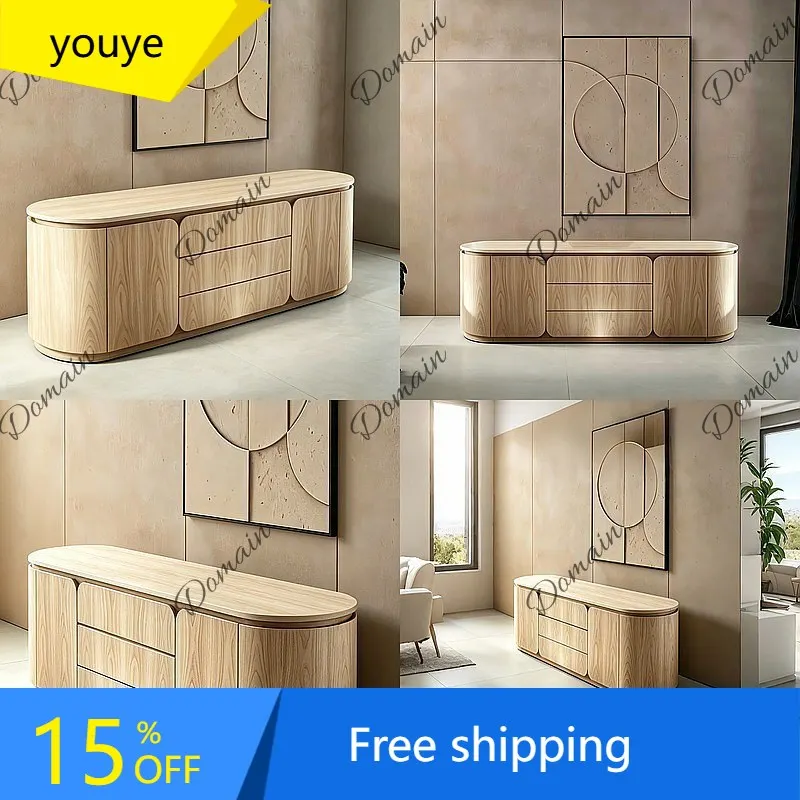 N80 Mid-Century Modern Arc Solid Wood Sideboard, Rustic Entryway Storage Cabinet, Slim Buffet Table for Dining Room