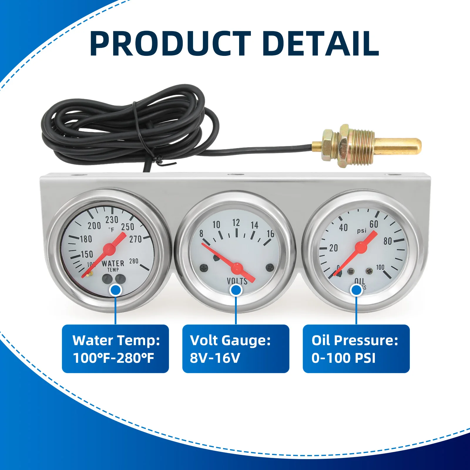 2'' 52mm 3 IN 1 Car Gauge Triple Gauges Oil Pressure Voltage Meter Water Temp Triple Gauge Bracket Kit Mechanical Chrome Bezel