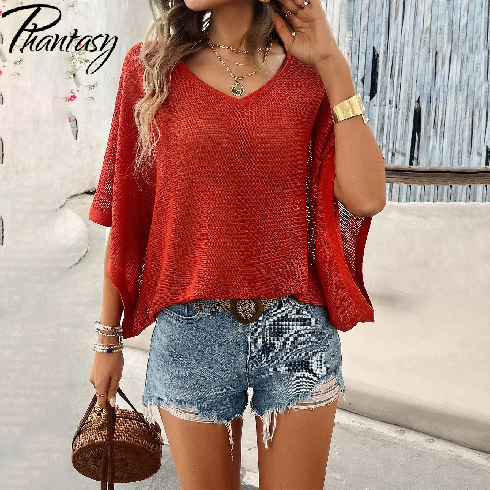 Phantasy Loose Solid Knitted T-Shirt Women V-Neck Dolman Sleeve Tops Office Lady Fashion Casual Tees Spring Summer Dress Up