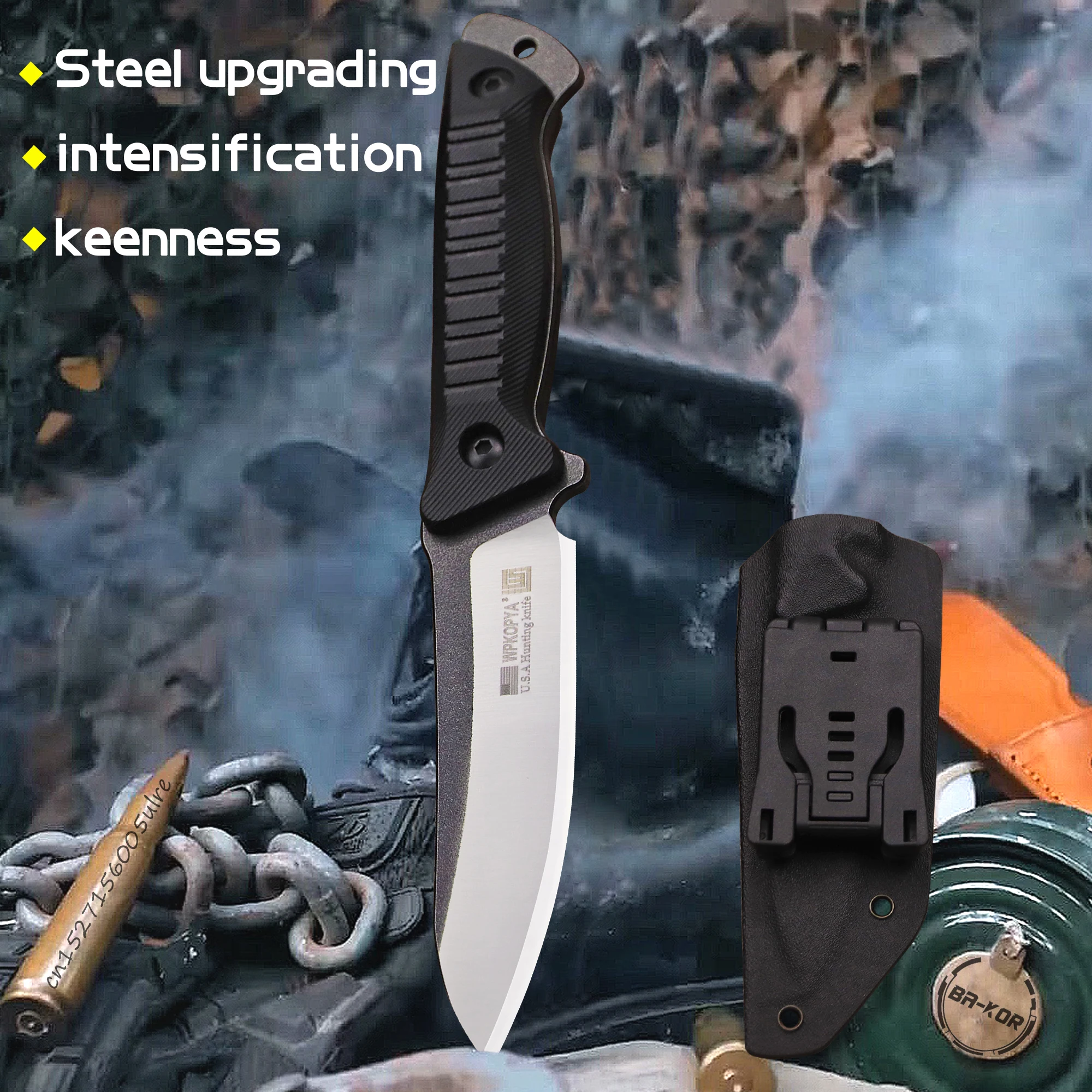 WPKOPYA USA 440c Outdoor Full Tang Hunting Straight Knife +K sheath, jungle rescue defense Knife, Camping survival EDC knife