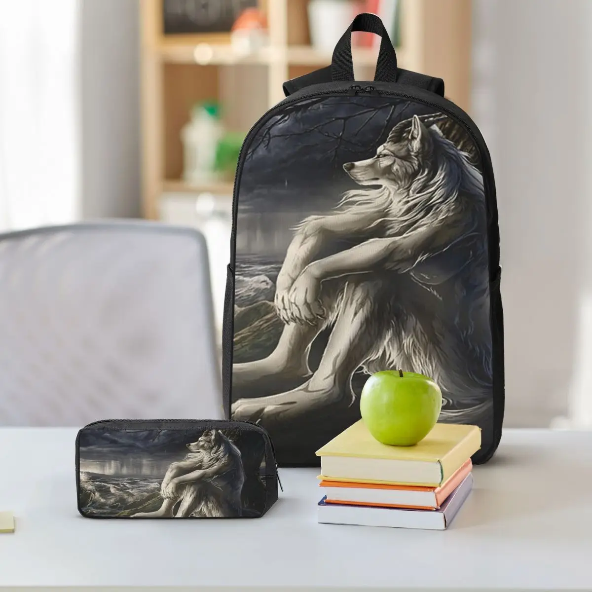 Emo White Wolf Sitting Sad Meme Backpack Student BookBag School Bag Shoulder Bags 3ps Insulated Lunch Bag Pencil Case - view 2