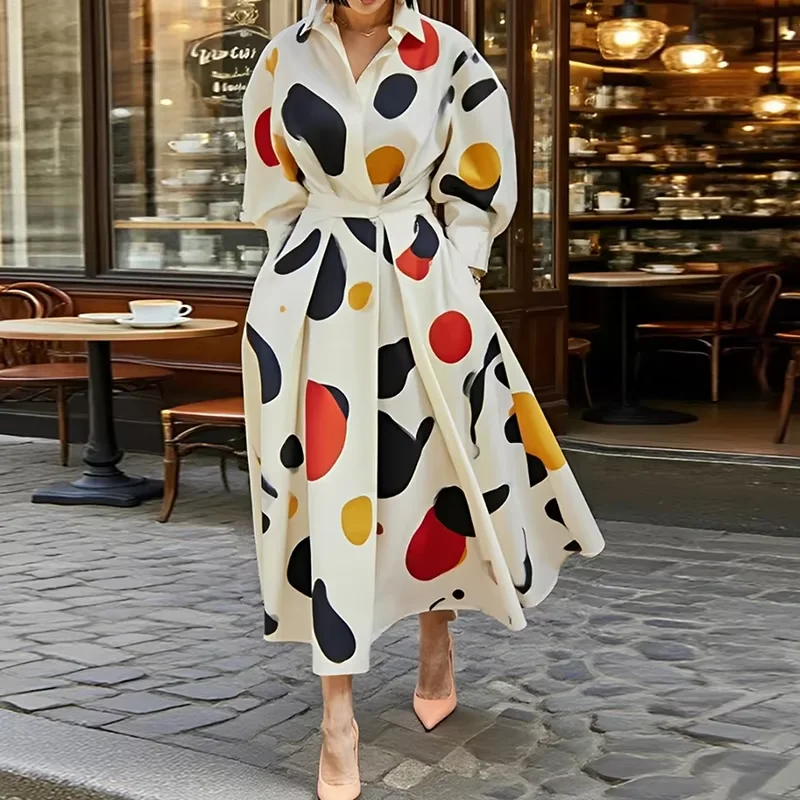 

Elegant Shirts Long Dresses Women 2025 Spring Fall Printed Lapel Neck Lantern Sleeves Pleating Maxi Dress Femme Streetwear