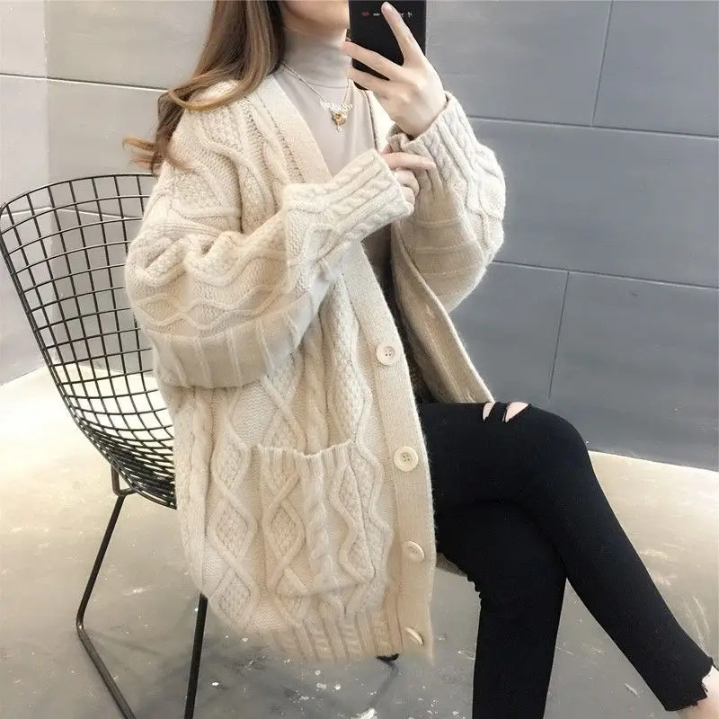 Women Autumn Winter Korean New V-neck Knit Cardigan Commuter Fashion Button Pocket Splicing Thickened Long Sleeved Sweater Coat