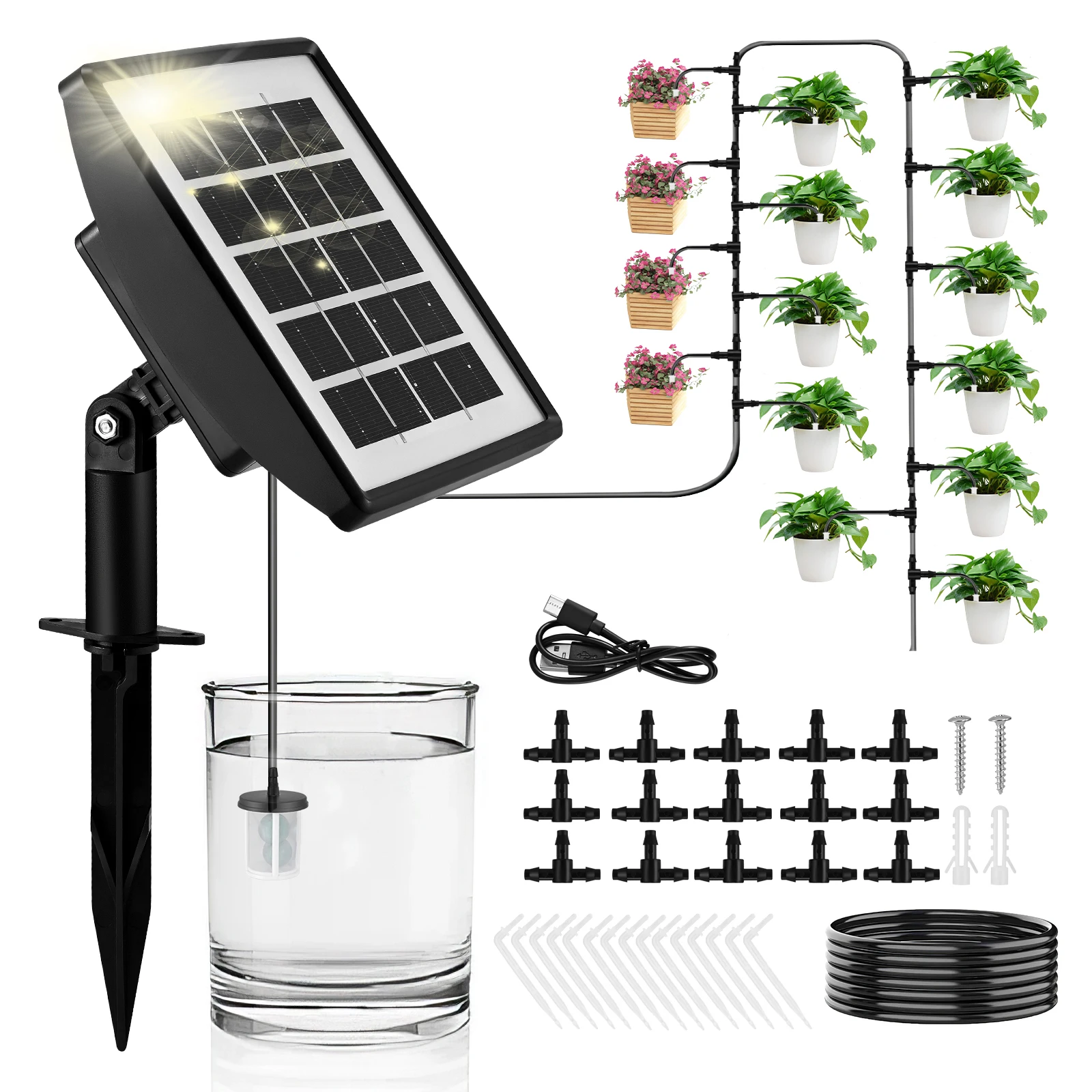 

Solar Powered Automatic Garden Watering System Kit Timing Function Watering System with 15m Hose for Garden Balcony Potted Plant