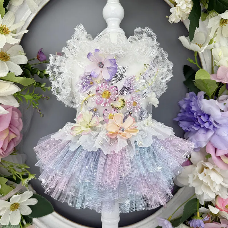 

Pet Dog Cat Clothes Spring Summer Color Gradient Star Flash Mesh Princess Dress Dreamlike Purple and Blue Lolita Style Dog Dress