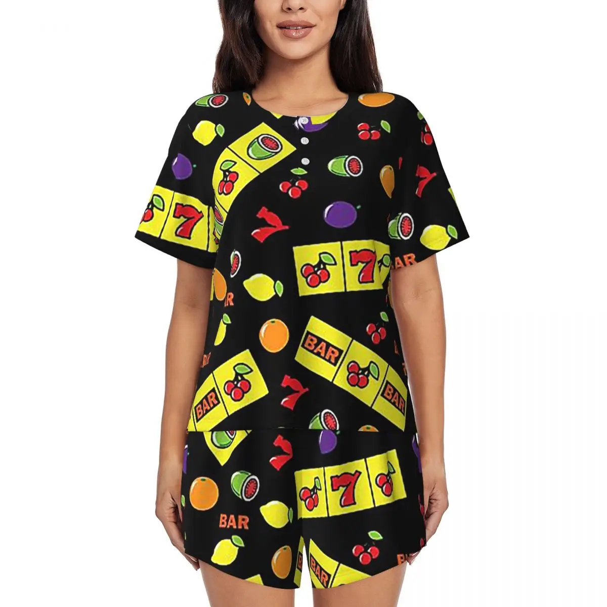 

Casino Lucky Slots Cherry Melon Lemon Fruit Round Neck Short Sleeves Nightdress for Sleeping Women Loose Pajama Set Short Pants