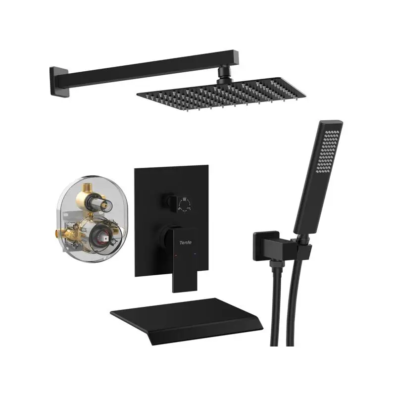 

Wall Mount Shower Faucet Set, High Pressure 10" Rain Shower Head & Handheld Spray, Bathroom Waterfall Shower System, Modern