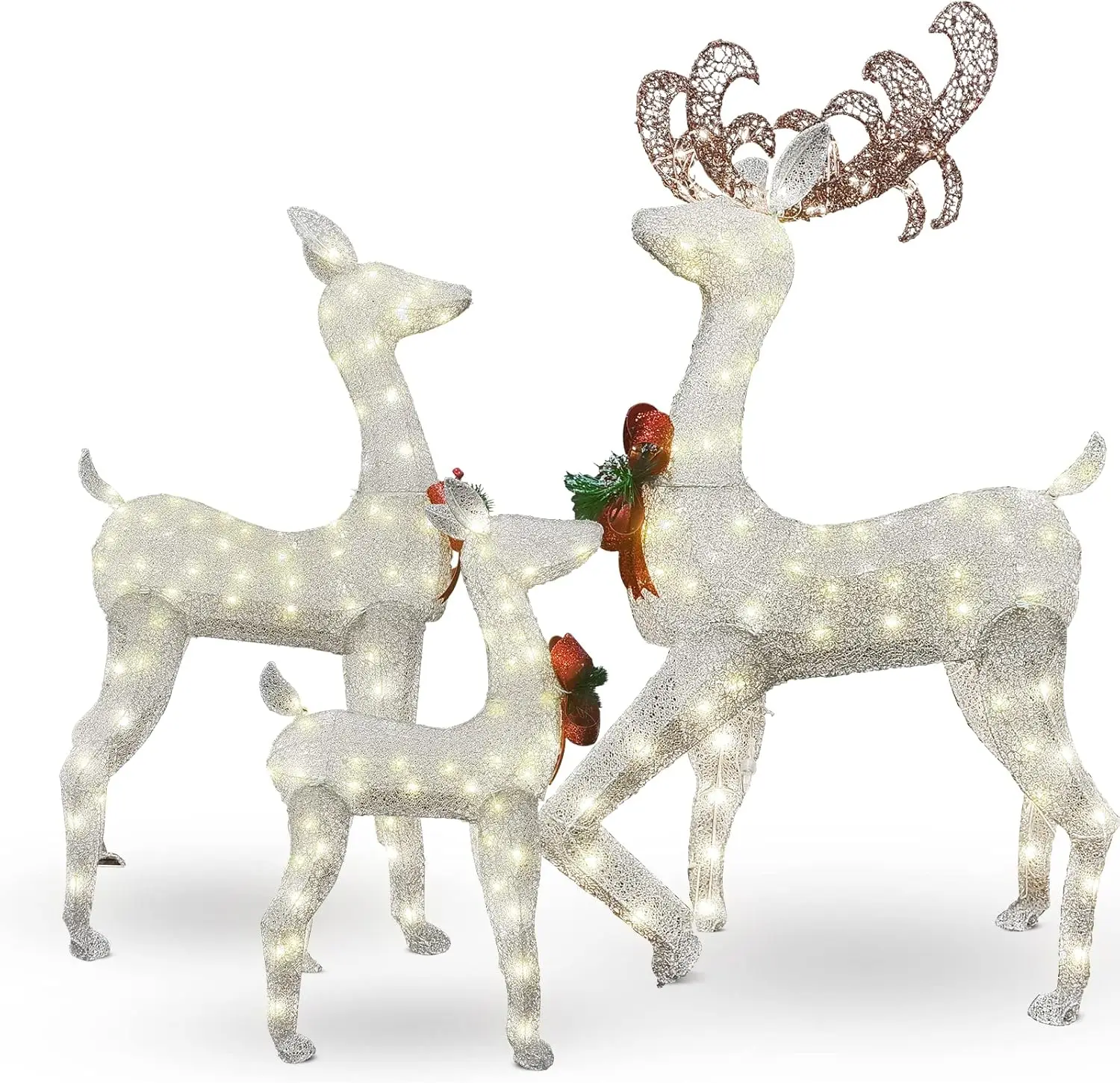 3-Piece Reindeer Christmas Decoration Family Set, Lighted Christmas Reindeer with Bows & 230 Warm White Led Lights