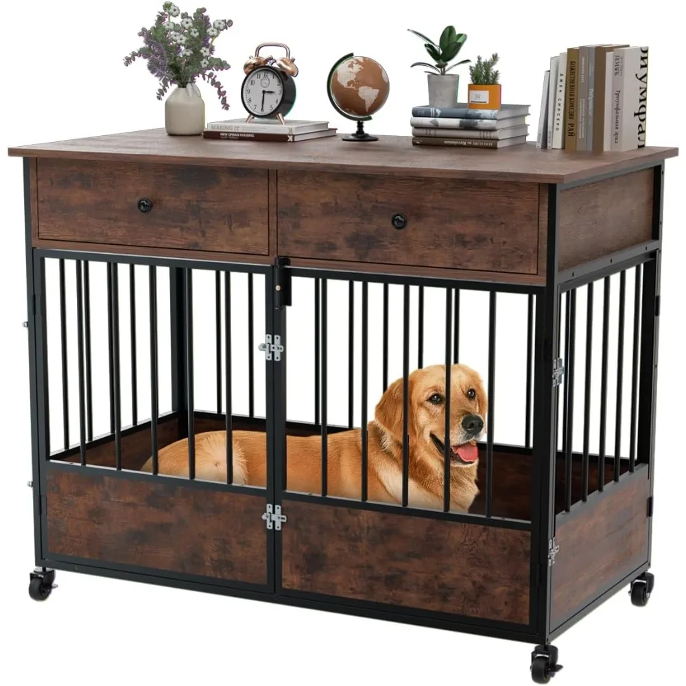 犬用ケージ家具、収納引き出し付き木製犬小屋、車輪付き大型犬用ケージ、頑丈な木製犬用ケージエンドテーブル