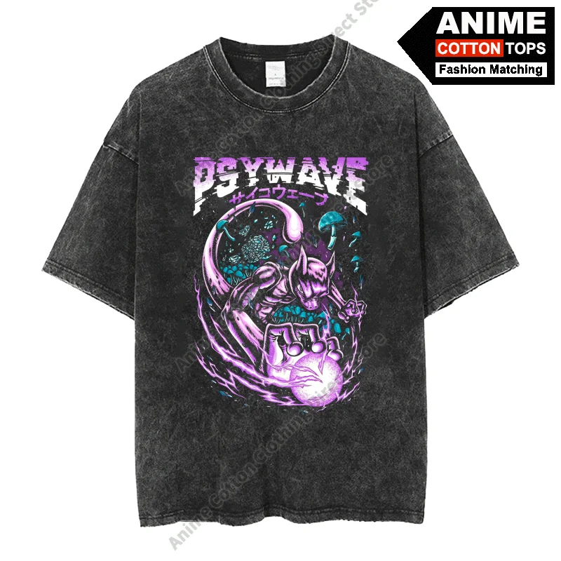 Mewtwo Print T Shirt Cartoon Pocket Monster Peripheral Clothing Cotton Washed Vintage Oversized T-shirt Casual Unisex Loose Tees