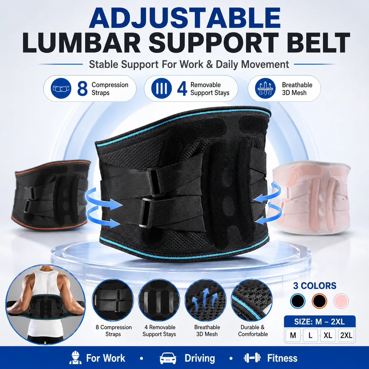 Adjustable Lumbar Support Belt 8 Compression Straps 4 Removable Stays Breathable Back Brace for Men Women Office Driving Fitness