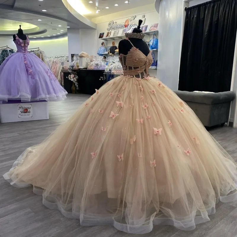 

Champagne Gorgeous Quinceanera Dresses for 15 Year 2024 Ball Gown Sexy V Neck Spaghetti Strap With Bow For Girl Party Dress