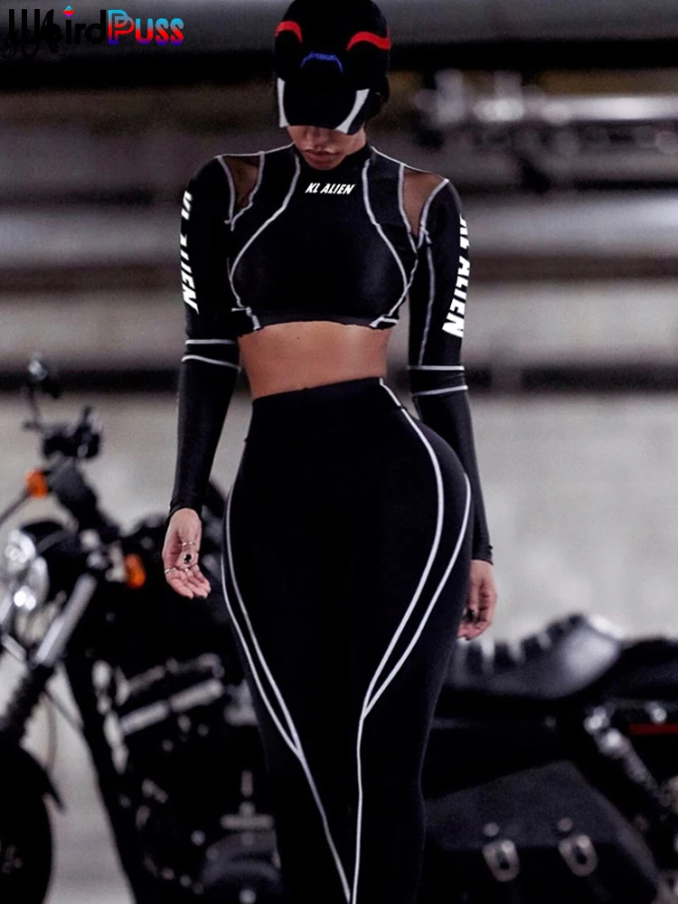 Weird Puss Women Tracksuit Letter Print 2Piece Set Fitness Full Sleeve Crop Top Elastic Leggings Activewear Casual Slim Outfits