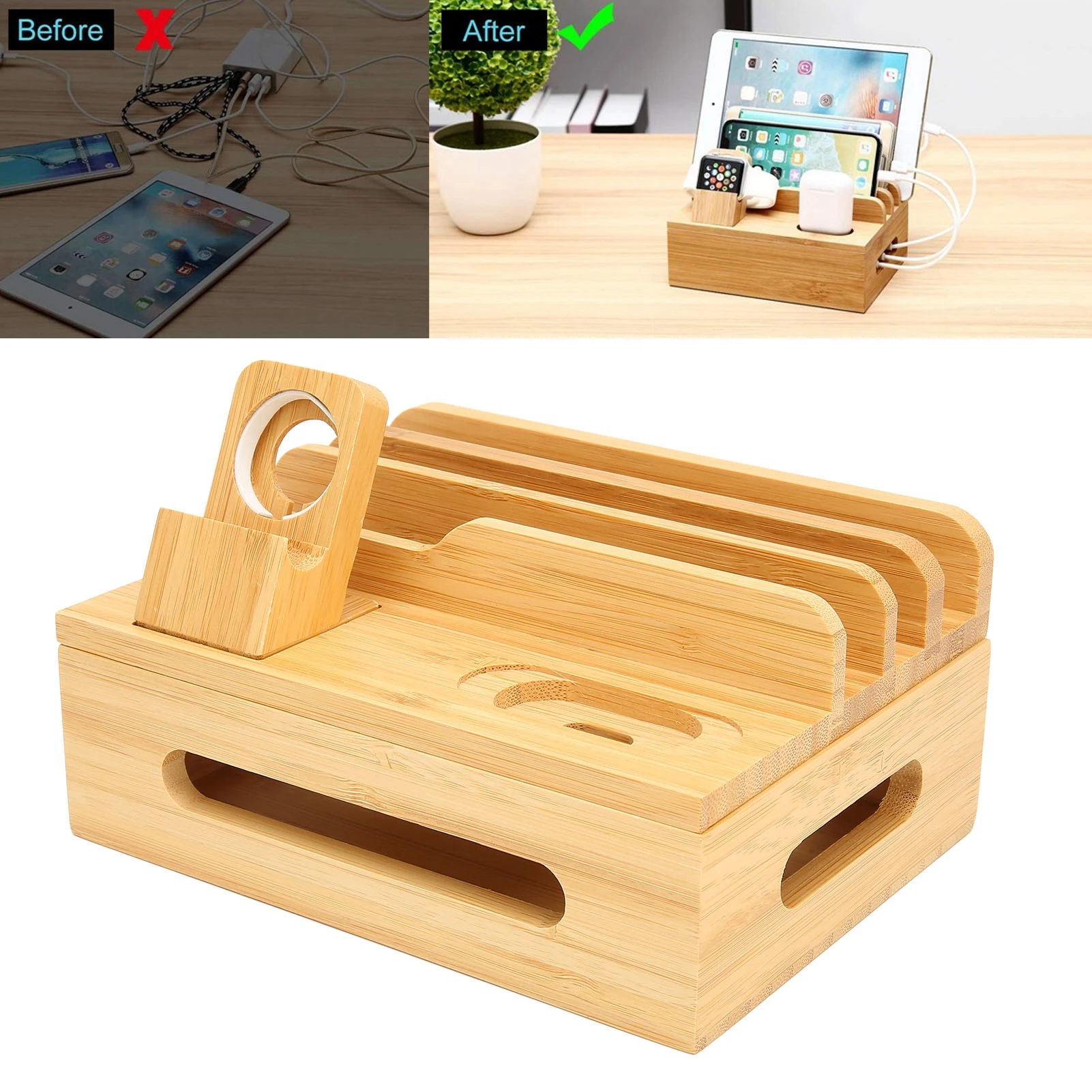 Bamboo Multi Devices Charging Station Charging Dock Stand Rack for Phone Tablet Watch Bamboo Tablet Charging Station
