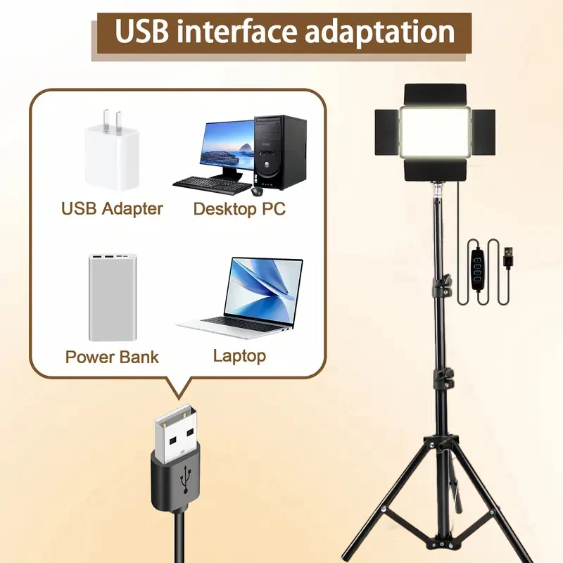 Quadratisches LED-Ringlicht mit verstellbarem Stativständer, USB-betrieben, 3 Farbtemperaturen, Metallständer, für Live-Studiofotografie