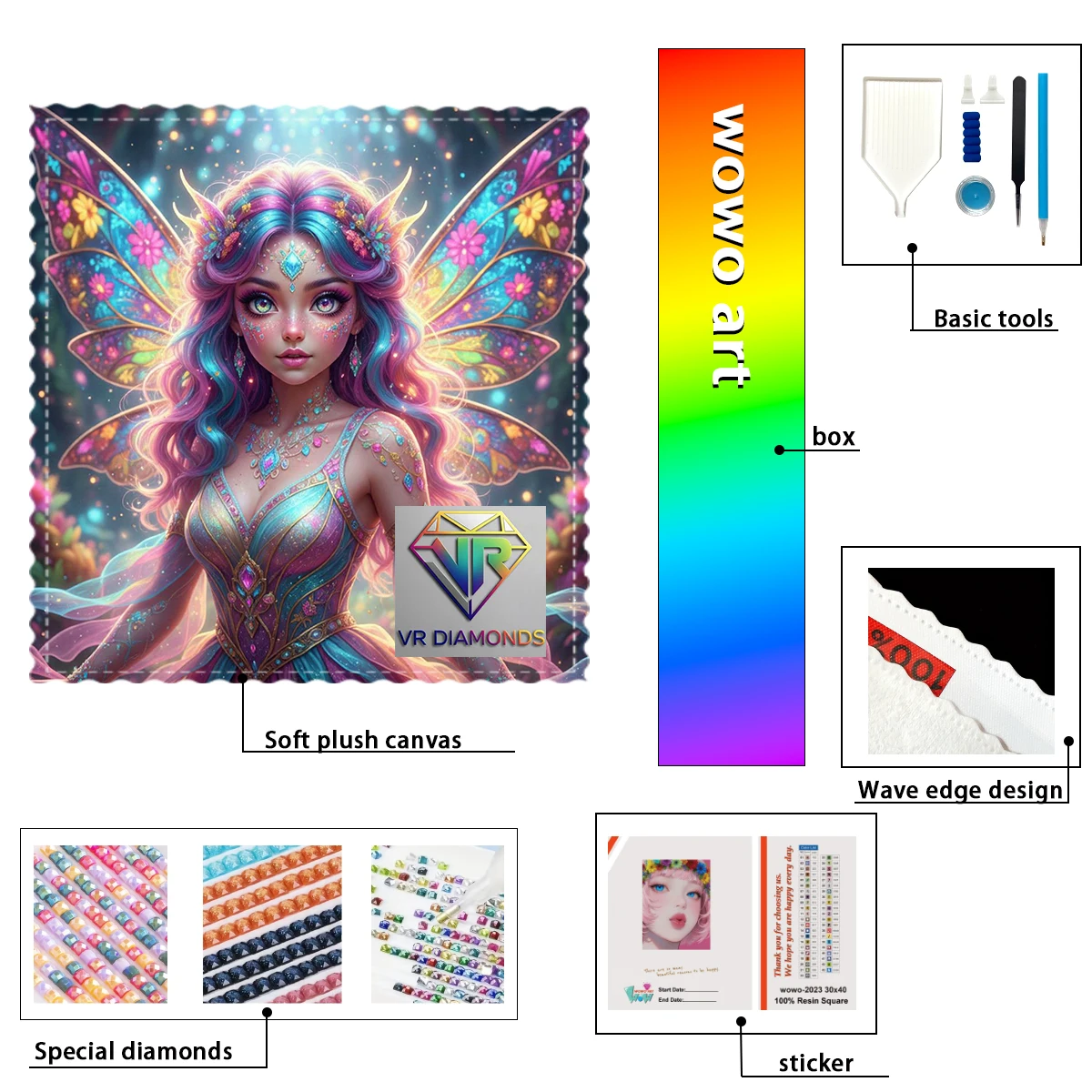

【VR Diamond Art】Niña con alas multicolores Resin FD &AB &CR are dazzlingly intertwined With flocking cloth as the base