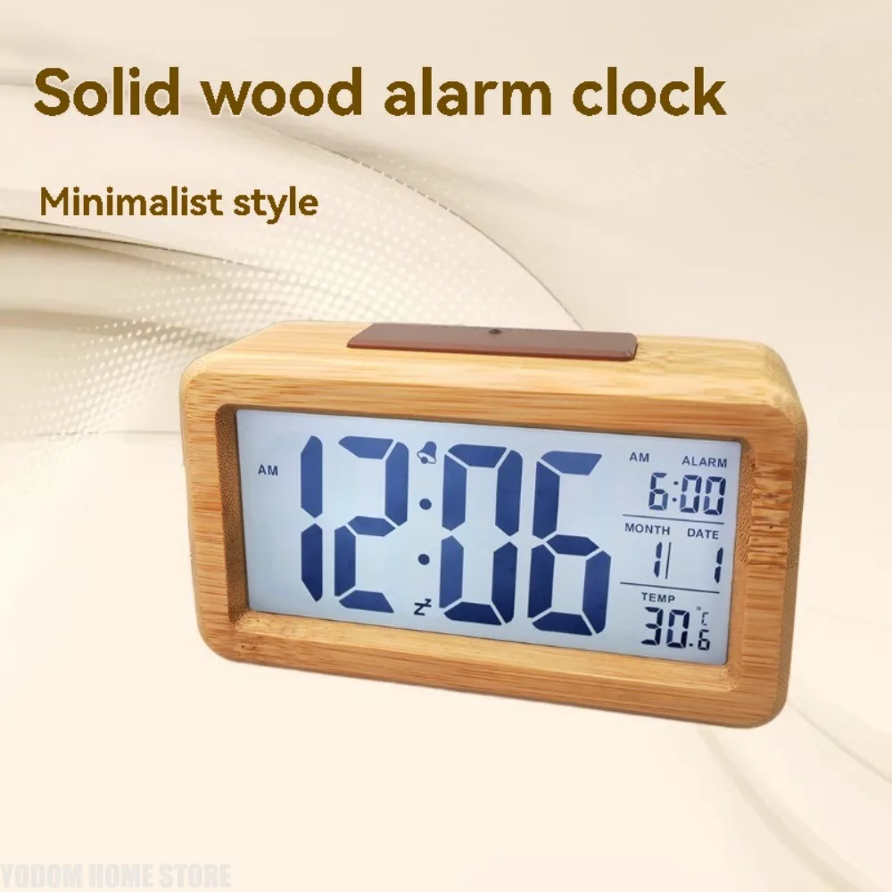 Wooden Large LED Digital Alarm Clock, Smart Sensor Night Light With Snooze, Date, Temperature, 12/24Hr Switchable