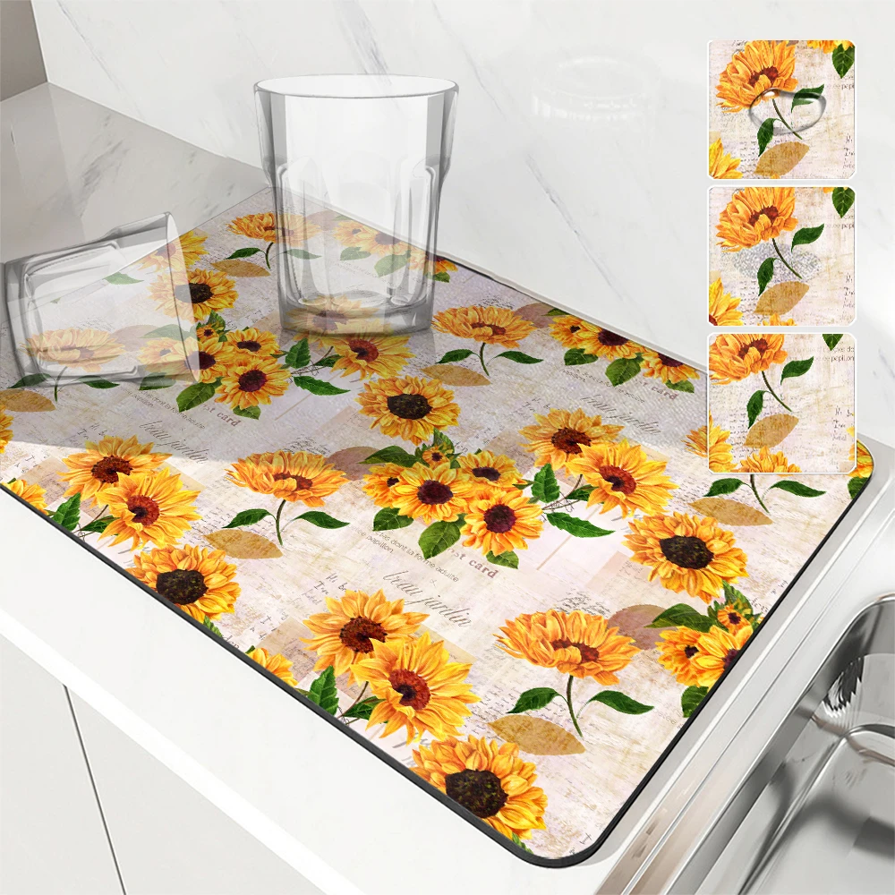 Kitchen Absorbent Drying Mat Plants Flowers Sunflower Bees Kitchen Table Decoration & Accessories Color Pattern Tables Mats