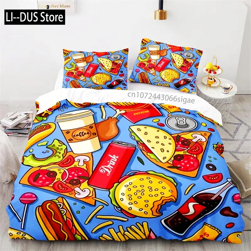 Creative Fast Food Duvet Cover Pizza Hamburger Print Comforter Cover Microfiber Bedding Set King Queen for Kids Teen Room Decor