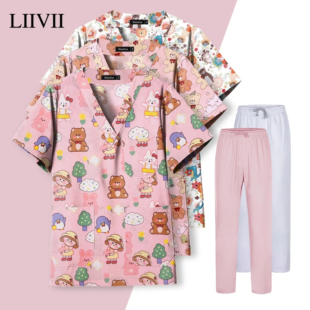 Medische Verpleegkundige Uniformen Operatiekamer Chirurgische Uniform V-Hals Blouse Arts Werkkleding Verpleegkundige Accessoires Cartoon Print Scrub Top