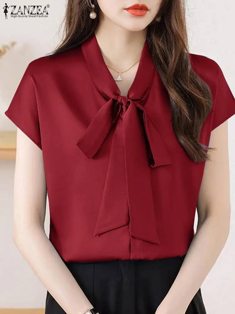 ZANZEA Satin Bow Tie Neck Party Shirt Office Wear Bat Sleeve Solid Color 2024 Fashion Blusas Women Elegant Casual Summer Blouses