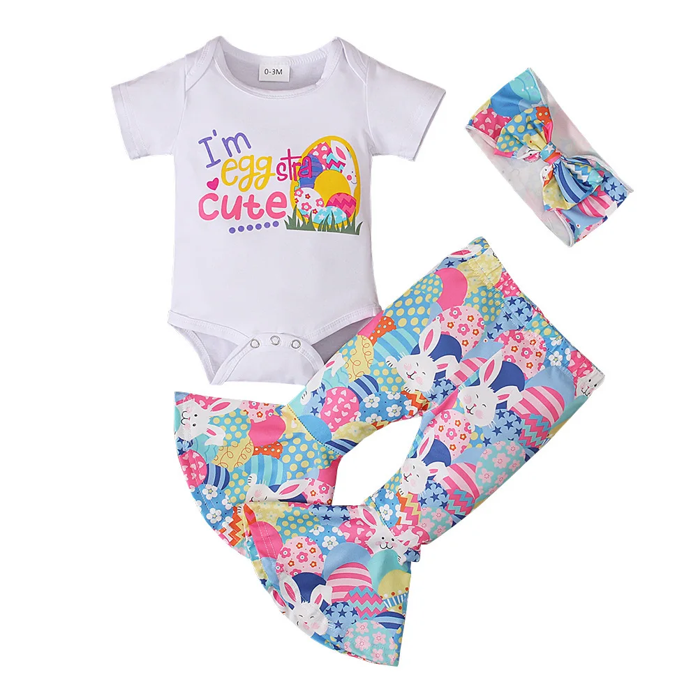 

2025 newborn baby girls cute letter ptint short sleeve bodysuit and pant + headbrand 3 pcs clothing sets for infant toddler