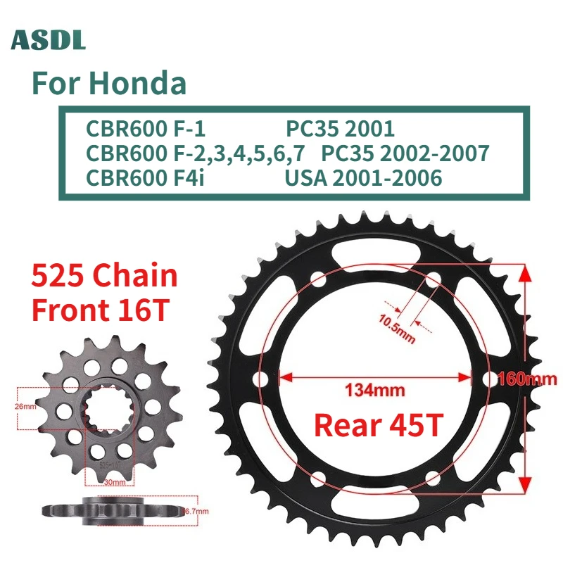 

525 Front 16T Rear 45T Sprocket For Honda CBR600 F-1 F-2 3 4 5 6 7 PC35 2001-2007 CBR600 F4i CBR 600 USA 2001-2006 41201-MBW-E10