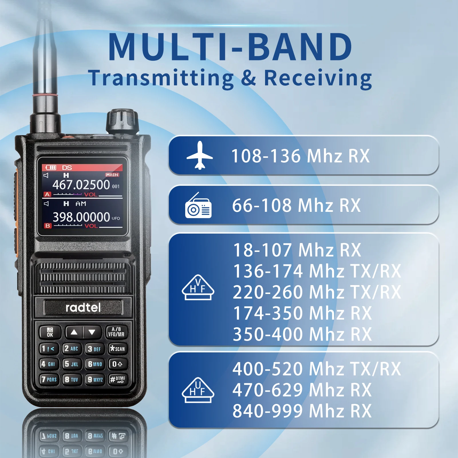 Radtel RT-470X Multi-bands Ham Walkie-Talkies 256CH Air Band Two Way Radio Station Aviation NOAA Police Marine Transceiver PTT