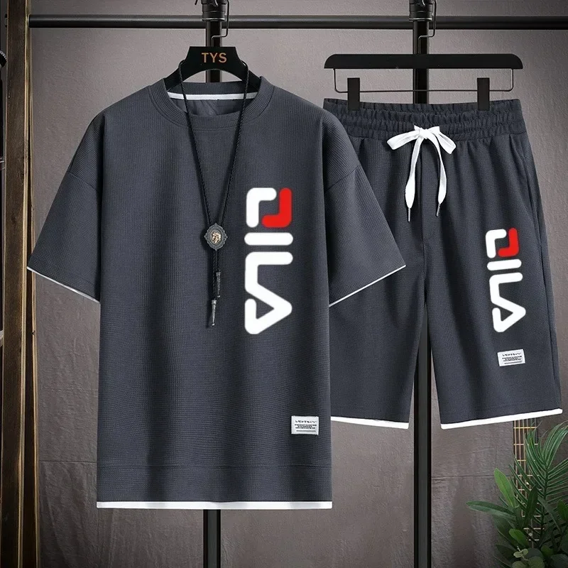 Conjunto de ropa deportiva de manga corta para hombre, camiseta informal de alta calidad con estampado de moda para fitness y trotar, conjunto de 2