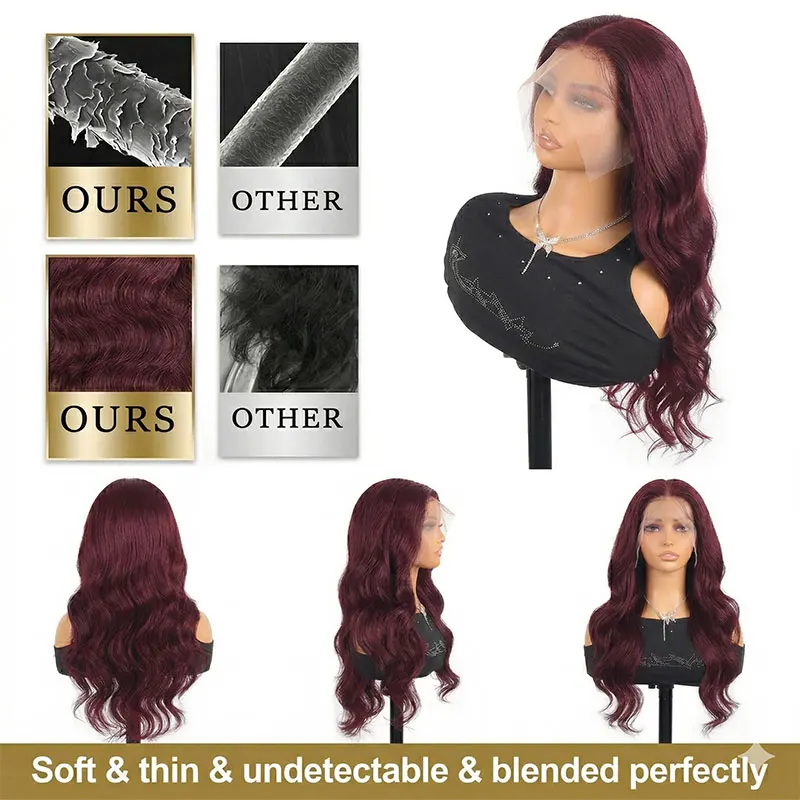 30–34 Inch 99J Burgundy Body Wave Human Hair Wigs Brazilian 13x6 HD Transparent Lace Frontal Wig Wet and Wavy Lace Front 100% Human Hair Wig image 7