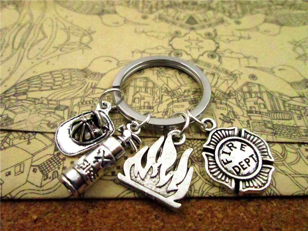 28mm Stainless Steel Keyring Antique Silver Fireman  Hat FIRE DEPT.