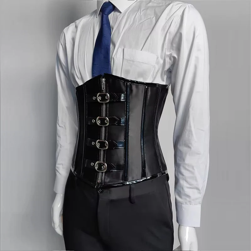 Men's Black Underbust Gothic Steampunk Leather Corset Waist Trainer With Zipper Front Buckle Body Shaper Tummy Control Slim Fit