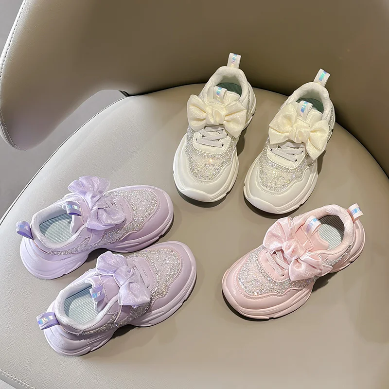 Children Sneakers for Girls Rhinestones Bow 2024 Spring Autumn New Soft Boys Running Sport Shoes Hook & Loop Breatheable Simple