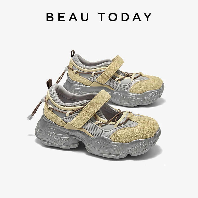 BEAUTODAY Ballet Sneakers Women Split Leather Mesh Hook&Loop Round Toe Sports Patchwork Trainers Ladies Shoes Handmade 29661