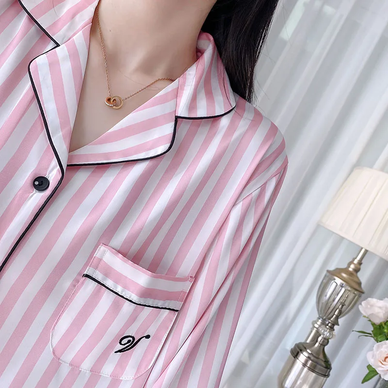 Pink Striped Pajama Set Loungewear Long Sleeves Pants Home Wear Women\'s Printed Lapel Sleepwear Satin Loose Casual Nightwear