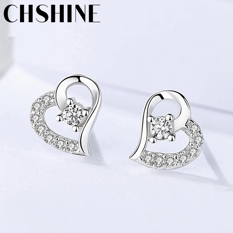 CHSHINE 925 sterling silver New Ladies Fashion High Quality Jewelry Crystal Zircon Hollow Heart Stud Earrings